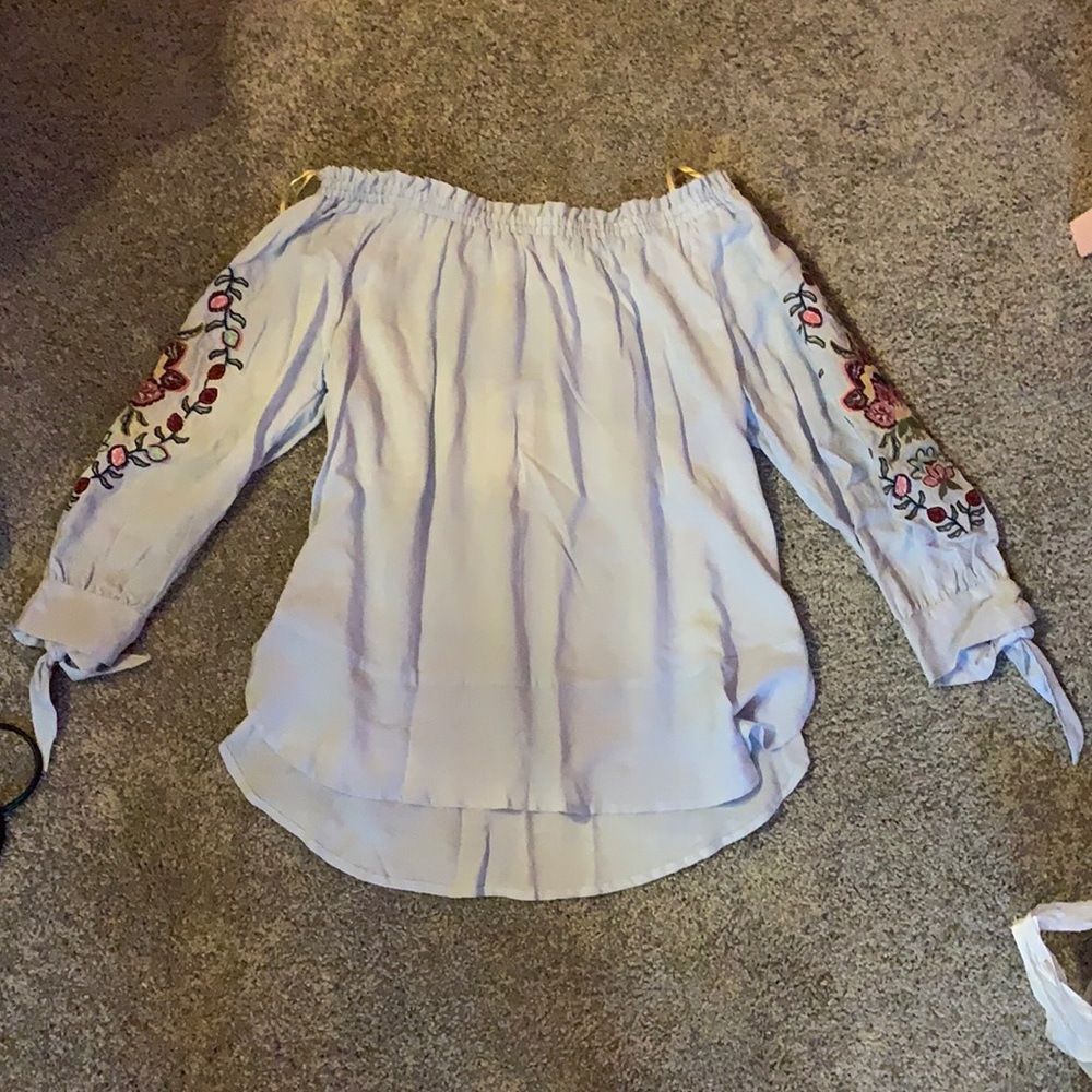 Democracy light blue off the shoulder top